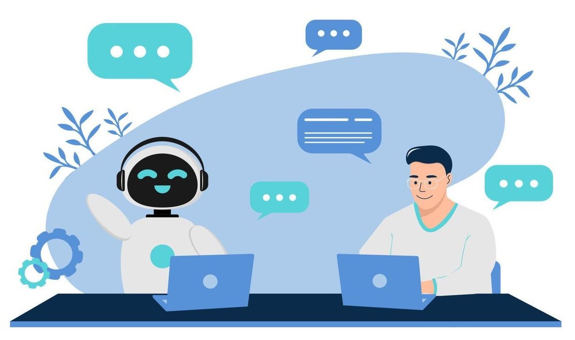 AI collaboration illustration showing robot and human working together on laptops with chat bubbles